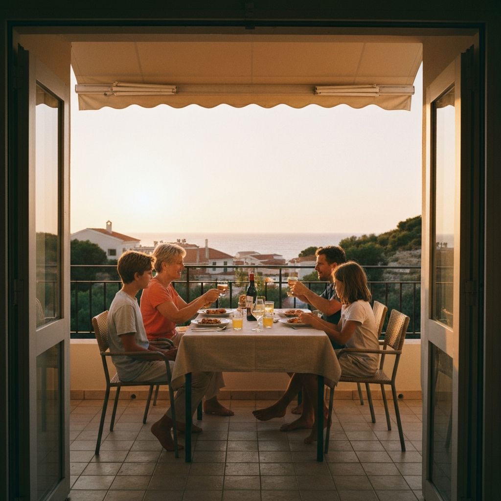 Obitelj dijeli večeru na balkonu tijekom zlatnog sata
