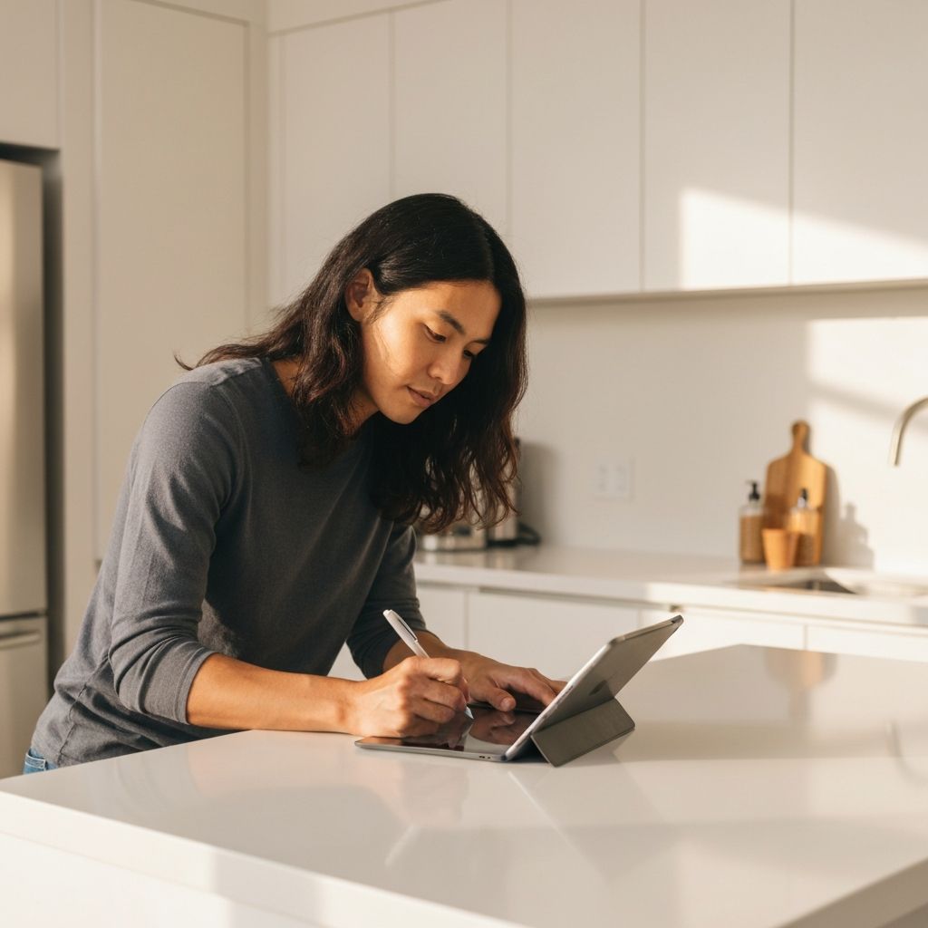Osoba piše grocery listu na tabletu pored sjajne kuhinjske otoka