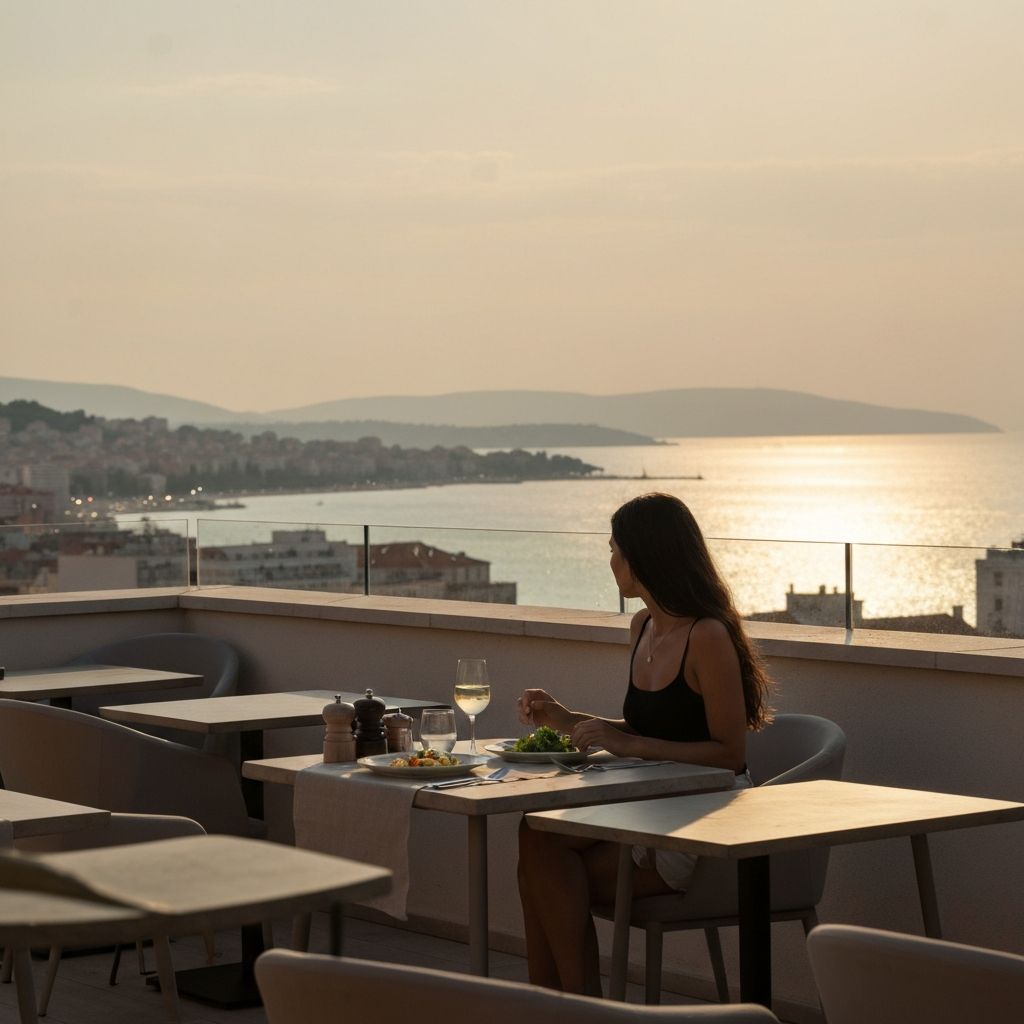Lagan ručak na krovnoj terasi s pogledom na grad i more